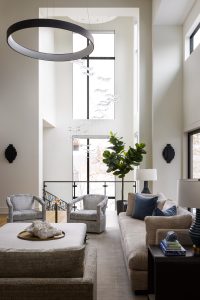 Custom lighting sculpture in custom home's 2-story entryway