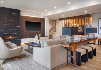 Custom build wine wall and living area at Loch Lloyd MO custom home