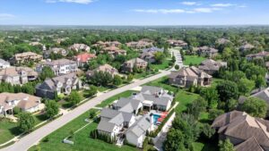 Aerial view of custom built luxury Overland Park KS home