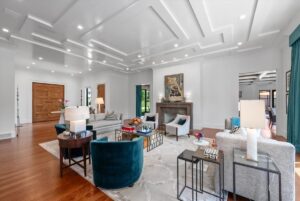 Living room with beautiful art and custom ceilings in Overland Park KS