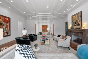 Living room with beautiful art and custom ceilings in Overland Park KS