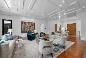 Living room with beautiful art and custom ceilings in Overland Park KS