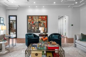 Living room with beautiful art and custom ceilings in Overland Park KS