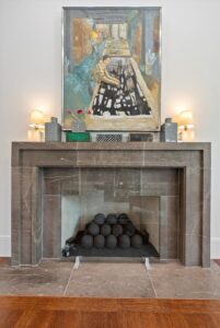 Custom marble fireplace in sprawling ranch in Overland Park Kansas