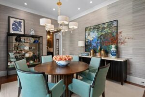 Dining area overlooking the pool in luxurious custom home in Overland Park KS