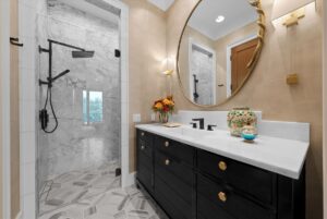 Shower and vanity in custom luxury home in Johnson County Kansas