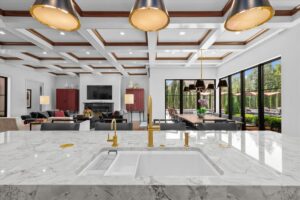 Kitchen and dining area overlooking pool in Overland Park Kansas