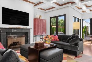 Living area and crown molding in custom built Overland Park Kansas ranch