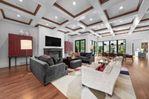 Living area and crown molding in custom built Overland Park Kansas ranch