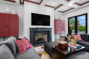 Living room with custom crown molding in luxury Overland Park KS home