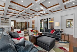 Living room with custom crown molding in luxury Overland Park KS home