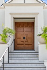 Front entrance of sprawling custom built ranch in Overland Park Kansas