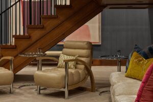 Seating area in finished basement in custom Overland Park Kansas home