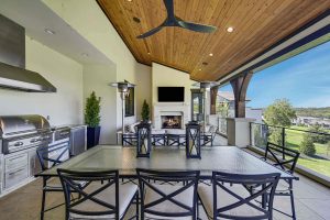 Picture of outdoor covered patio with fireplace and tv